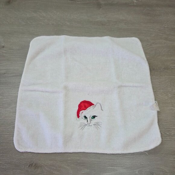 White Cotton Christmas Cat Embroidered Towel Set With Santa Hat Design - Picture 5 of 10
